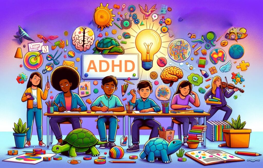A visually engaging and informative image for a blog post titled "Common Myths about ADHD", focusing solely on visuals without any words. The image depicts a series of symbolic representations of ADHD myths and facts. It includes diverse individuals, such as a Black teenage girl and a South Asian boy, engaged in activities like drawing, solving puzzles, and daydreaming. Surrounding them are various symbolic items: a slow-moving turtle to represent the myth of slowness, a brightly shining lightbulb for creativity, and a colorful brain puzzle illustrating complex thinking. The setting is a lively classroom, filled with educational materials and interactive elements, providing a backdrop that emphasizes the theme of learning and dispelling myths about ADHD in a purely visual and imaginative way.