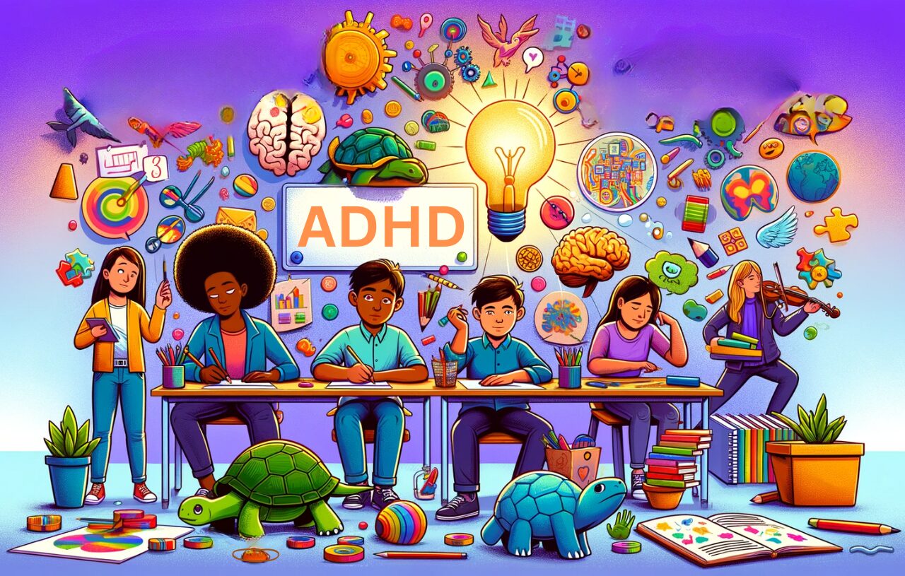 A visually engaging and informative image for a blog post titled "Common Myths about ADHD", focusing solely on visuals without any words. The image depicts a series of symbolic representations of ADHD myths and facts. It includes diverse individuals, such as a Black teenage girl and a South Asian boy, engaged in activities like drawing, solving puzzles, and daydreaming. Surrounding them are various symbolic items: a slow-moving turtle to represent the myth of slowness, a brightly shining lightbulb for creativity, and a colorful brain puzzle illustrating complex thinking. The setting is a lively classroom, filled with educational materials and interactive elements, providing a backdrop that emphasizes the theme of learning and dispelling myths about ADHD in a purely visual and imaginative way.