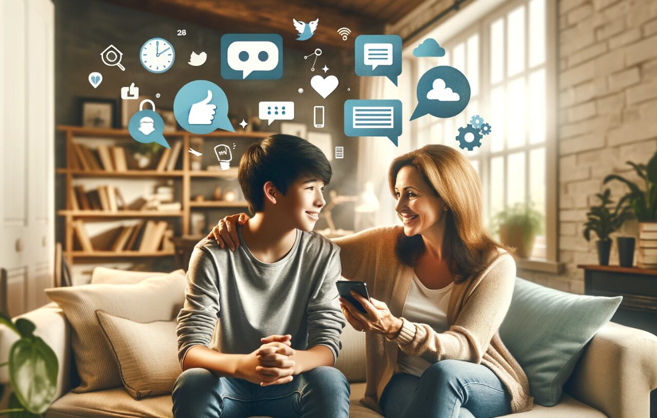 A supportive and engaging image for a blog post titled "Ways to Improve Communication with Your Teen". The image captures the essence of positive and effective communication between parents and teenagers. It features a parent, a Caucasian woman, and her teen, an Asian boy, sitting together in a comfortable home setting, engaged in a friendly and open conversation. They are surrounded by visual elements that symbolize good communication, such as an open book, a dialogue bubble, and a smartphone with positive messages. The environment is warm and inviting, with soft lighting and casual decor, creating a relaxed atmosphere that encourages open dialogue and understanding. The overall mood is positive and encouraging, highlighting the importance of building strong communication bonds with teenagers.