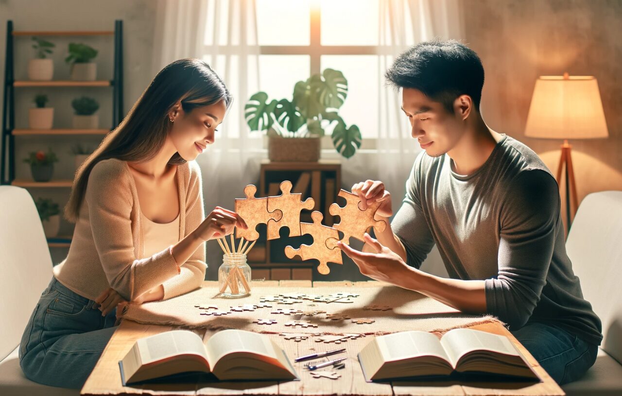 An engaging and positive image for a blog post titled "Ways to Resolve Conflict in Your Relationship". The image illustrates a couple working together to solve a puzzle, symbolizing conflict resolution in a relationship. The couple, consisting of an Asian male and a Caucasian female, are sitting at a table, each holding puzzle pieces that fit together, representing communication and cooperation. The setting is warm and comfortable, with a calm and harmonious atmosphere, suggesting a healthy and supportive relationship. Surrounding the couple are subtle elements like open books on relationship psychology, a peaceful plant, and a soft, inviting light, all contributing to the theme of constructive conflict resolution and mutual understanding in relationships.