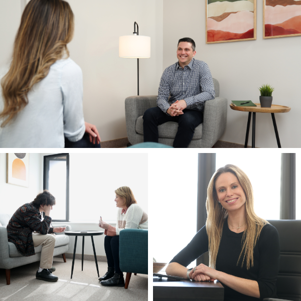 Collage of three therapy scenarios: a psychologist with a female client, a therapist engaging with a teen, and a therapist smiling at her desk, representing the diverse services we offer.