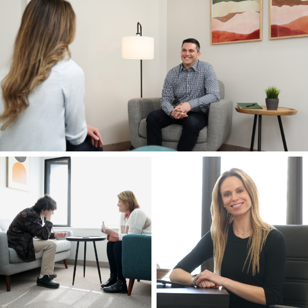 Collage of three therapy scenarios: a psychologist with a female client, a therapist engaging with a teen, and a therapist smiling at her desk, representing the diverse services we offer.