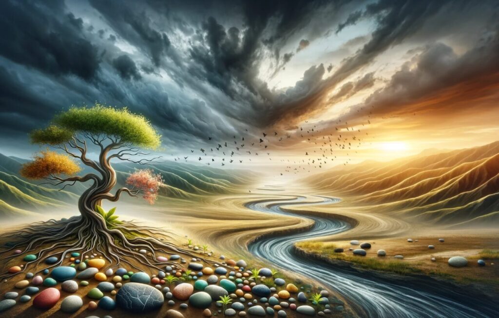 A wide, large-scale, and evocative image for a therapy or mental health blog, capturing the essence of overcoming perfectionism. The central element is a sweeping landscape with a meandering river, symbolizing the journey of life with its twists and turns. In the foreground, there's a broken but regrowing bonsai tree, representing resilience and the beauty of imperfection. The tree's branches are uneven and leaves are of various sizes, illustrating natural diversity. Scattered around the tree are small, colorful stones, each uniquely shaped, denoting the different paths and experiences in life. The sky above transitions from a stormy grey to a hopeful sunrise, metaphorically depicting the move from struggle to enlightenment. This image conveys a powerful message of growth, acceptance, and the beauty in embracing one's individual journey.