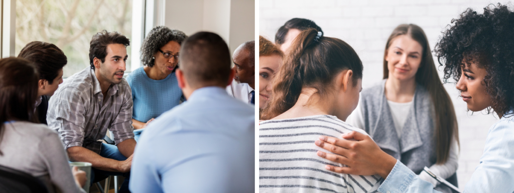 Collage of two diverse group therapy sessions, representing the variety of Group Therapy available in Bergen County, NJ.