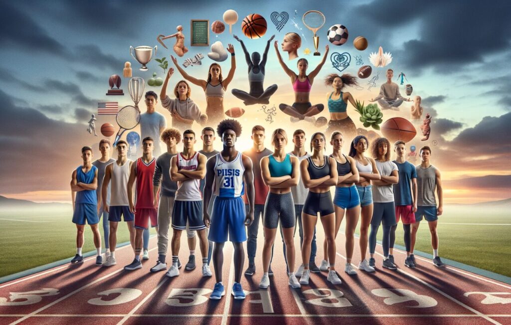 A wide, impactful image for a blog titled "Managing the Mental Health of Student Athletes." The image depicts a diverse group of student athletes from various sports, such as basketball, football, gymnastics, and tennis, standing together on a running track. Each athlete is shown in a confident and supportive pose, symbolizing their strength and camaraderie in facing mental health challenges. In the background, there's a collage of elements representing mental wellness in sports: serene natural landscapes, meditation symbols, and inspirational quotes about mental health and resilience. The sky above is a blend of dawn and dusk, metaphorically illustrating the ongoing journey of mental health awareness. This image highlights the importance of mental health care and community support for student athletes, emphasizing their collective journey towards well-being.