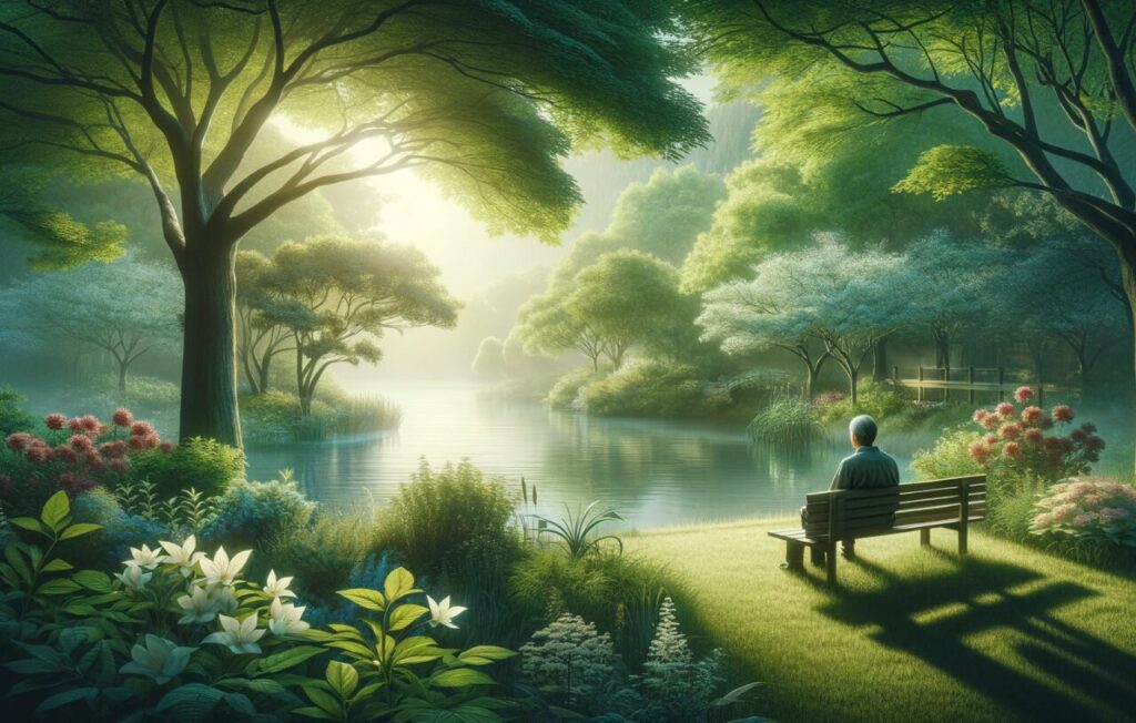 A serene and thoughtful image for a blog post titled "Navigating The Transition Into Summer". The image depicts a tranquil summer scene, emphasizing a sense of peaceful transition. It features a lone figure, a middle-aged Asian man, sitting contemplatively on a bench in a lush, green park. The park is adorned with blooming flowers and mature trees, casting gentle shadows. A calm river flows in the background, with soft sunlight filtering through the leaves, creating a soothing and reflective atmosphere. The image conveys a mood of quiet introspection and appreciation for the natural beauty of summer, symbolizing a moment of peaceful transition and personal growth.