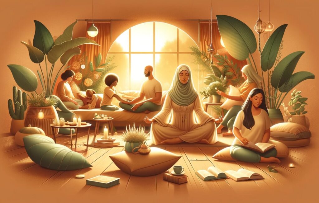A warm and soothing image for a blog post titled "The Benefits of Self-Care". The image depicts a serene and rejuvenating scene, emphasizing the importance of self-care. It features a diverse group of people, including a Middle Eastern woman and a Hispanic man, engaging in various self-care activities like meditating, reading a book, and practicing yoga. The setting is a tranquil environment, possibly a cozy room or a peaceful garden, filled with elements that evoke relaxation and well-being, such as soft cushions, green plants, and gentle lighting. The overall mood is calm and restorative, visually illustrating the positive impact of self-care on mental and physical health.