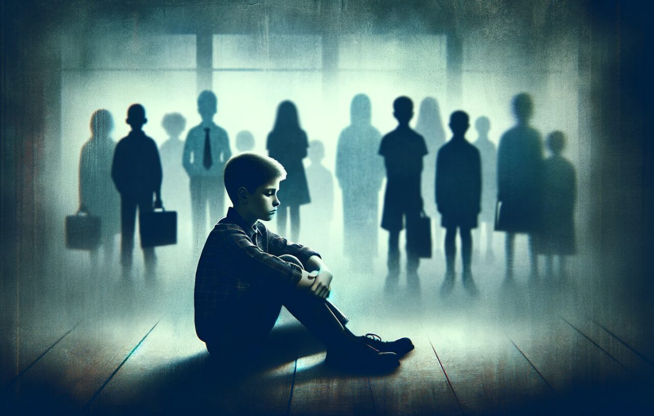 A powerful and evocative image for a blog post titled "The Harmful Effects of Bullying". The image depicts a symbolic representation of the emotional impact of bullying. It features a solitary figure, a young Caucasian boy, sitting alone with a downcast expression, symbolizing the loneliness and distress caused by bullying. The background is a school setting with faint silhouettes of other children in the distance, blurred and unapproachable, emphasizing the isolation felt by the victim. The color palette is subdued, with cool, muted tones, conveying a somber and reflective mood. This composition highlights the seriousness of bullying and its lasting emotional effects, aiming to raise awareness and empathy towards those affected.