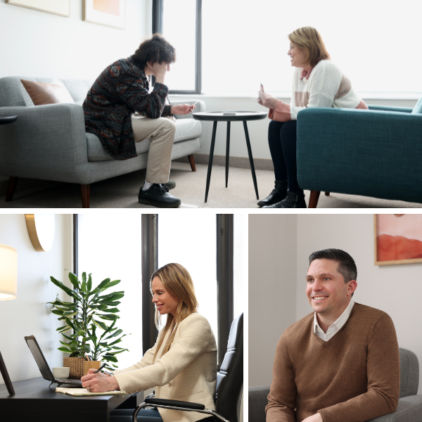 Collage of therapy sessions: top image of a teen therapy session, bottom left showing a therapist at her desk, and bottom right with a psychologist in a chair.
