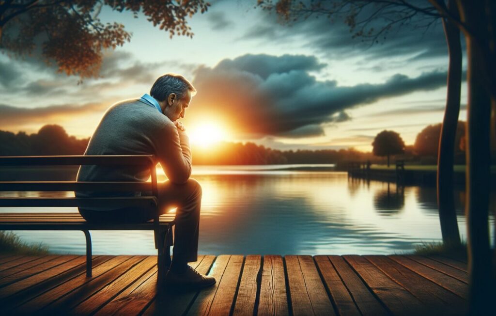 A compassionate and reflective image suitable for a therapy blog post titled "Understanding and Coping with Loss". The image captures the essence of healing and reflection. It depicts a serene scene with a person, a middle-aged Hispanic man, sitting alone on a park bench, looking thoughtfully at a sunset. The background is a peaceful park setting, with a calm lake and trees, symbolizing tranquility and the passage of time. The setting sun represents the cycle of life and the hope that comes after darkness. The mood is calm and introspective, conveying the theme of finding peace and understanding in the midst of grief and loss.