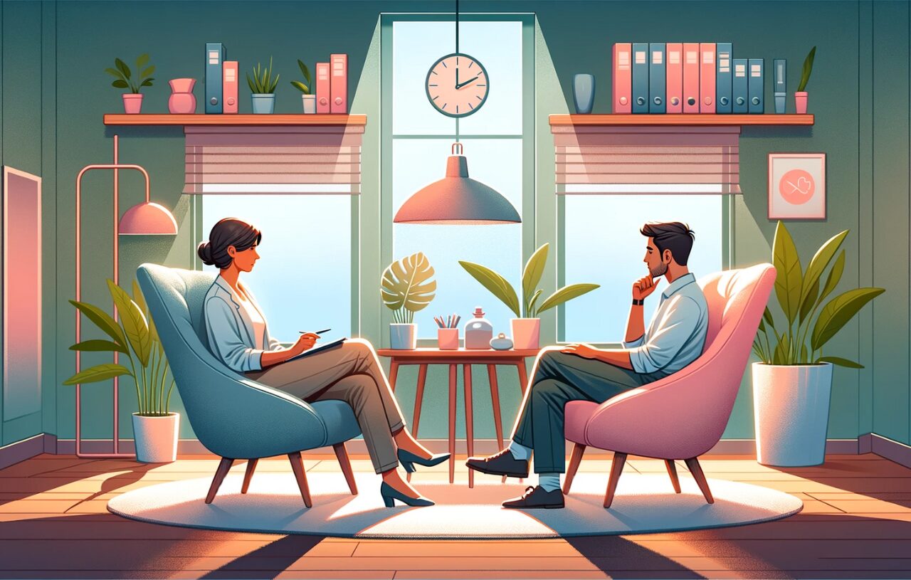 A serene and thoughtful image for a blog post titled "When Does Therapy Become Effective?". The image features a peaceful therapy room with comfortable chairs facing each other. One chair is occupied by a supportive therapist, depicted as a Caucasian female with short brown hair, wearing a professional attire. The other chair is filled by a diverse client, portrayed as a Black male, thoughtfully engaged in conversation. The room has soothing colors, with soft lighting and plants, symbolizing a safe, calm, and healing environment. A bookshelf with psychology books and a clock showing 3 PM, indicating a session in progress, are subtly visible in the background.