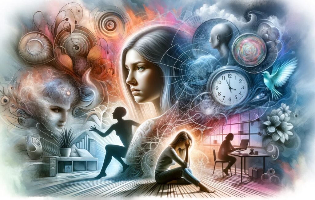 A thoughtful and insightful image for a blog post titled "Where Does Anxiety Come From?". The image depicts a conceptual representation of the origins and effects of anxiety. It features a central figure, a young Caucasian woman, surrounded by a mix of abstract and realistic elements that symbolize different aspects and causes of anxiety, like a tangled web of lines, shadowy figures, and a clock moving fast. The background is a blend of a home setting and an office environment, indicating the various life situations where anxiety can manifest. The color scheme is a mix of cool and warm tones, conveying the complexity and multifaceted nature of anxiety. The overall composition is designed to evoke empathy and understanding, highlighting the diverse sources and impacts of anxiety in a visually compelling way.
